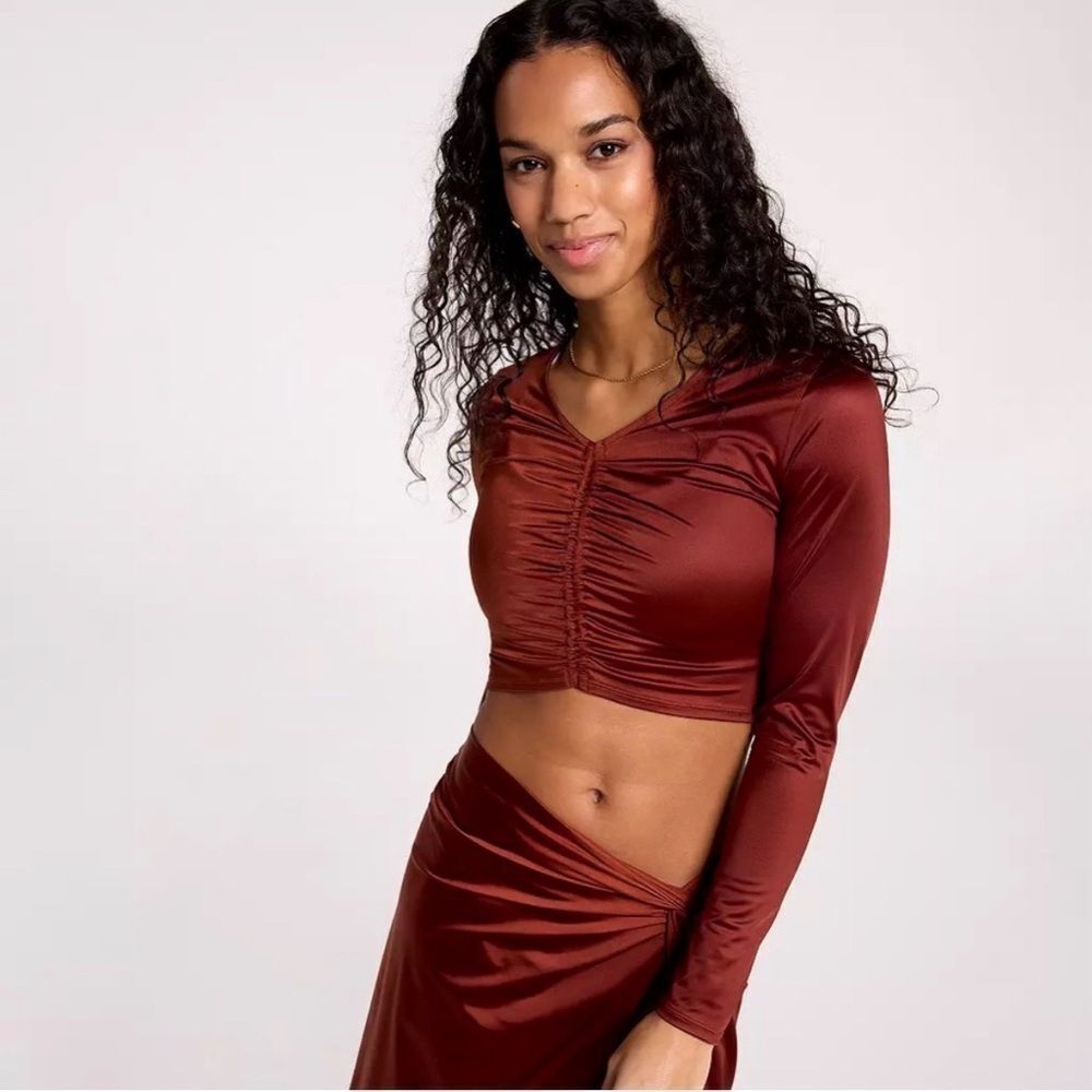 CALIA Long Sleeve Ruched Swim Rashguard NEW with tags NWT Small Red Brown Shine